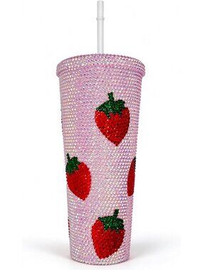 Sparkly Pink Rhinestone Tumbler 24oz with Straw, Bling Studded Travel Cup, Gift